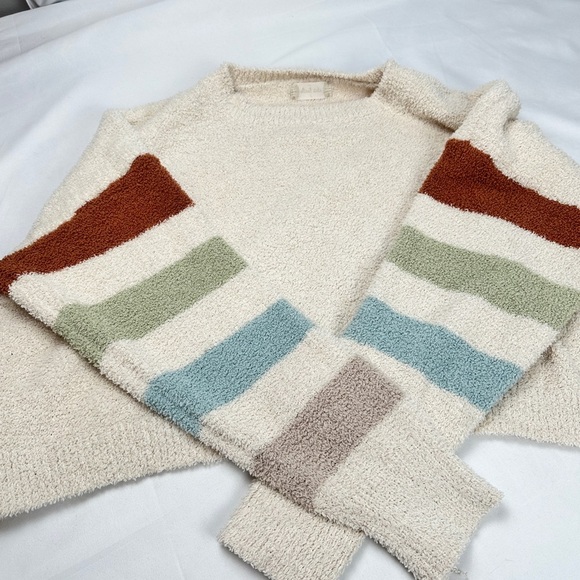 Altar’d State Teddy Bear Sweater Cropped Size L Cream With Striped Sleeves Soft - Picture 9 of 11